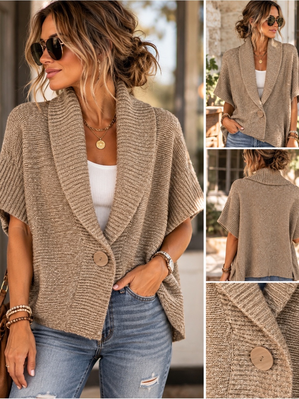 Carolyn Taylor Taupe Chunky Knit Shawl Collar Cardigan Sweater Size Small